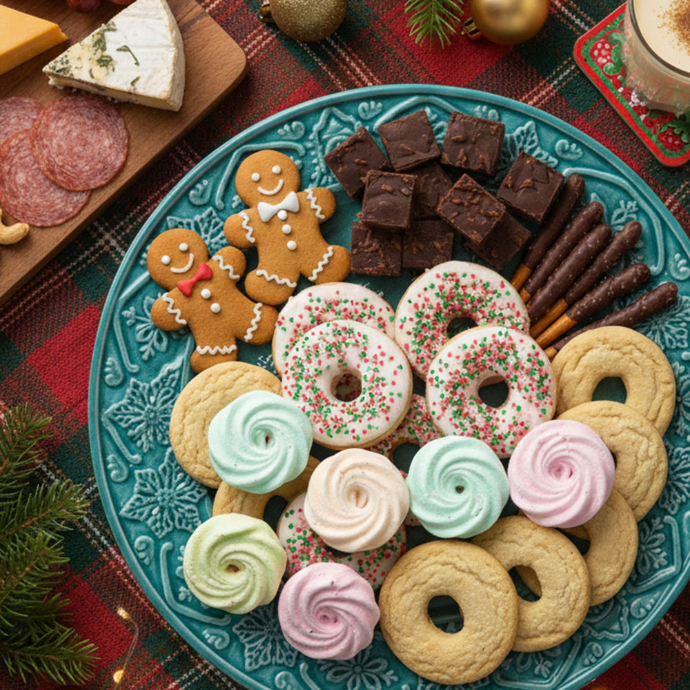 A plate of festive treats including fudge, chocolate dipped pretzels, gingerbread men, meringues in pastel colours, and butter cookies, some with white icing with red and green sprinkles. A charcuterie board sits in the upper left, and glass of egg nog in the upper right. The table is decorated with a red/green/gold tartan table cloth, pine boughts and gold Christmas ornaments.