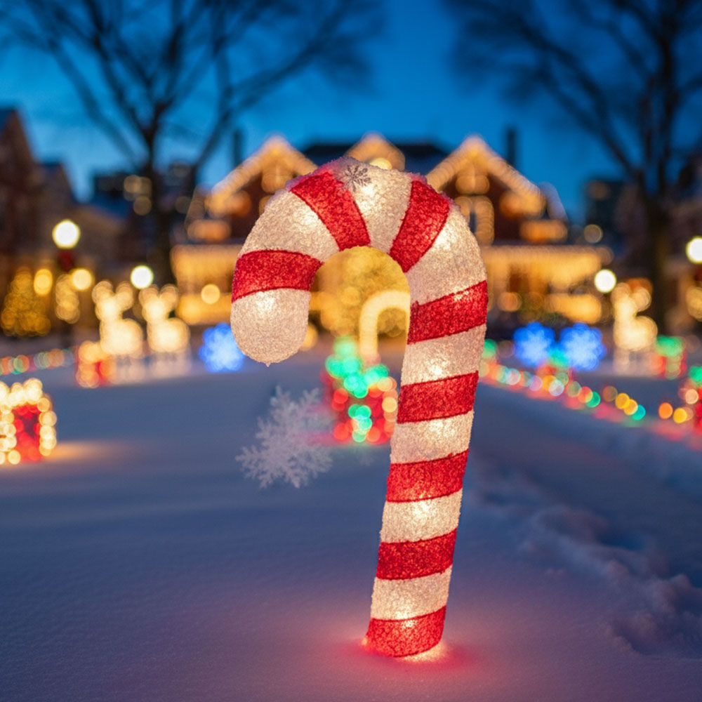 An illuminated candy cane holiday light decoration stuck in the snow on the front lawn of a home that is also decorated with lights for the holiday season.
