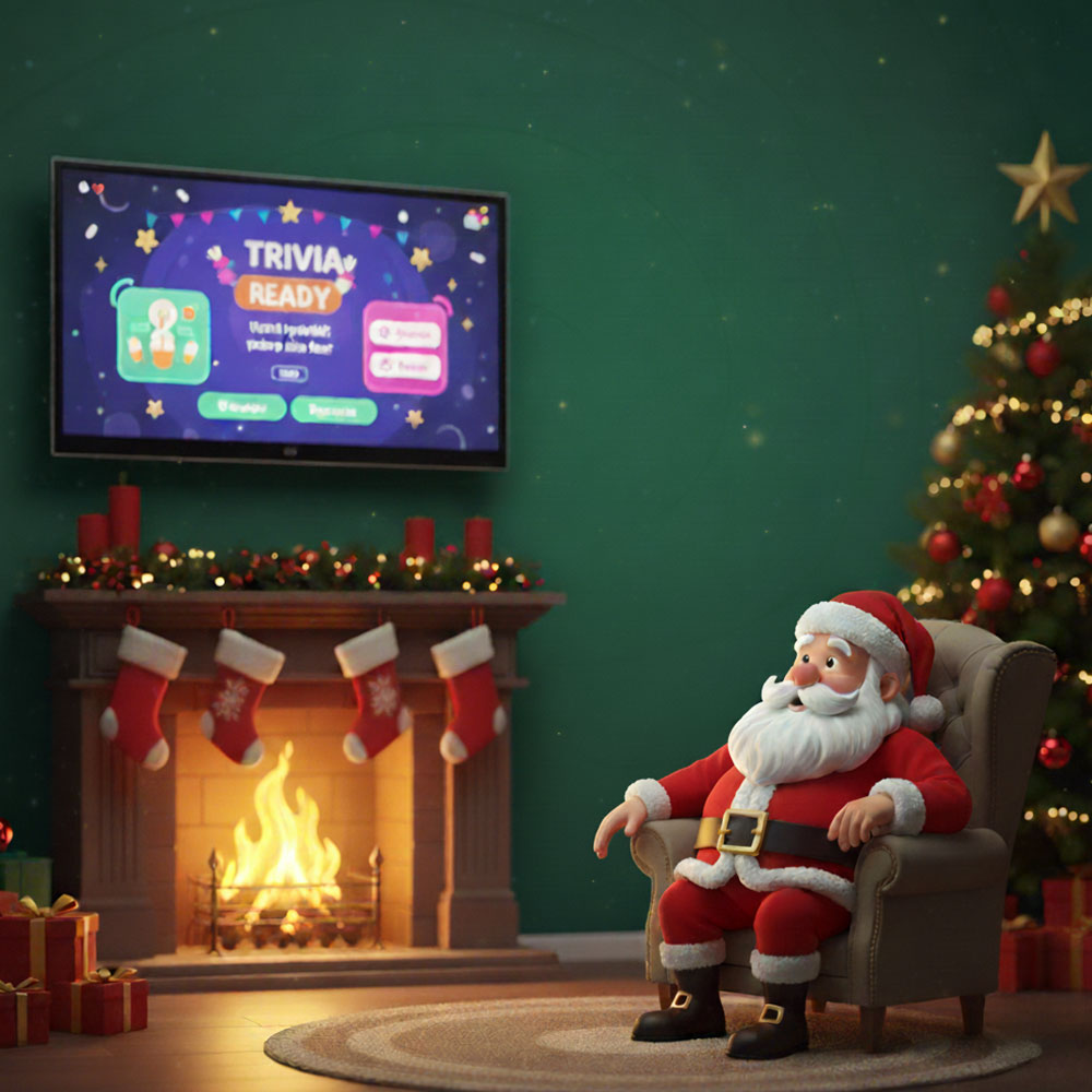 Santa Claus sits in his living room. He's playing a trivia game on the large tv screen above his fireplace, which has a roaring fire. Behind his chair is a Christmas tree. On the fireplace mantle are four red candles and garland with twinkling lights, and hanging from the mantle are four red and white Christmas stockings.