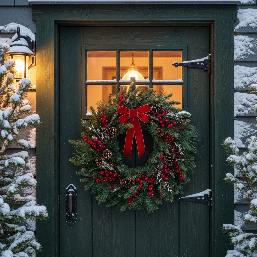A pine wreath with red berries, pine cones, and a red bow, hangs on the wooden exterior door of a home. A light is on the wall beside the door. Golden light from inside the home streams through the window on the door. The window has six square panes. Snow clings to the gray siding of the home on either side of the door. Pine trees frame the door on each side.